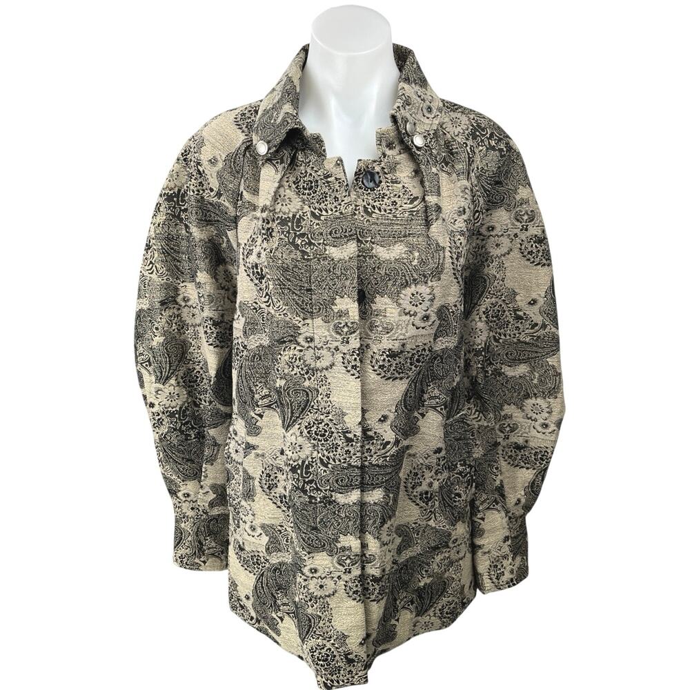 George Simonton Khaki Black Metallic Paisley Button Up Collar Coat Jacket Top S